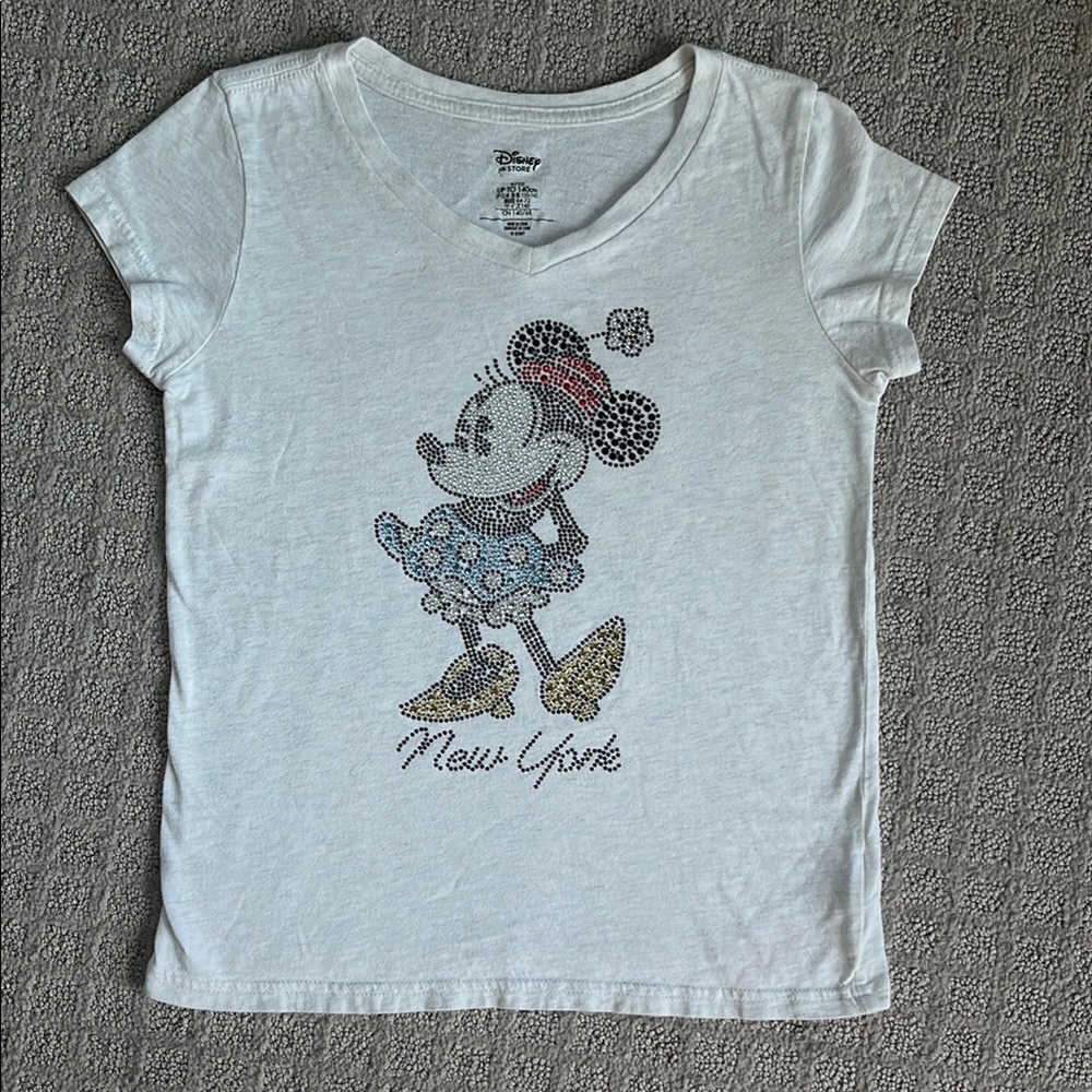 Disney Rhinestone Minnie New York Short Sleeve V Neck T-Shirt Light Gray 9/10
